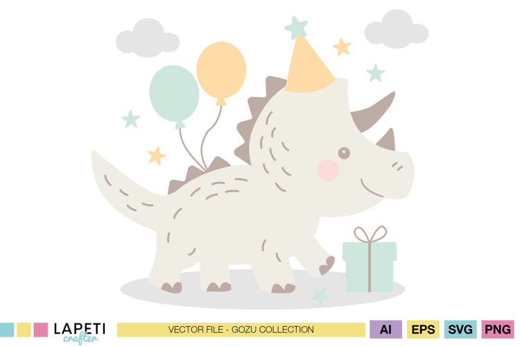 Cute baby triceratops with party hat, balloons and a gift, perfect for birthday crafts and nursery decor.
