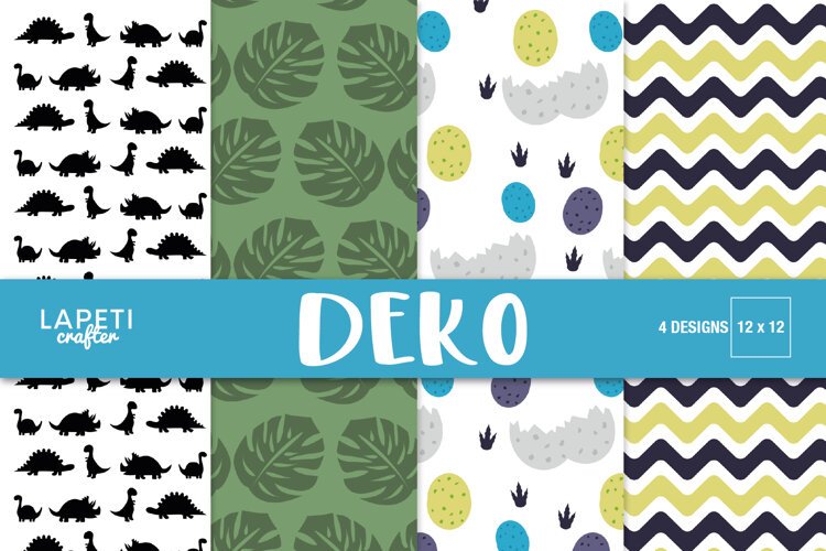 Four dinosaur digital papers with dinos eggs leaves and chevron patterns
