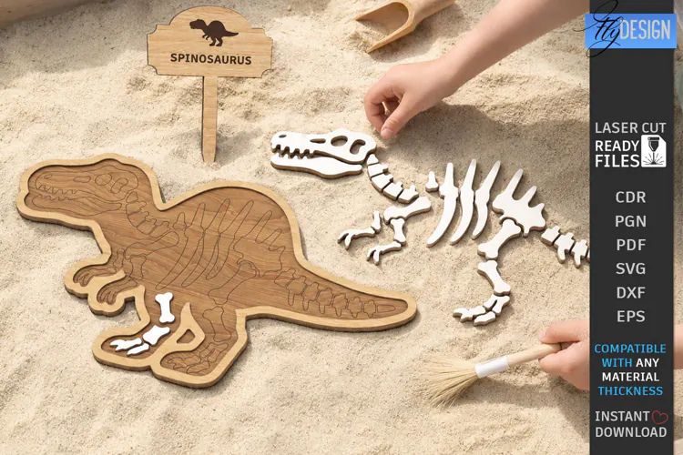 Dinosaur Fossil Excavation Laser Cut | Dinosaur Skeleton SVG