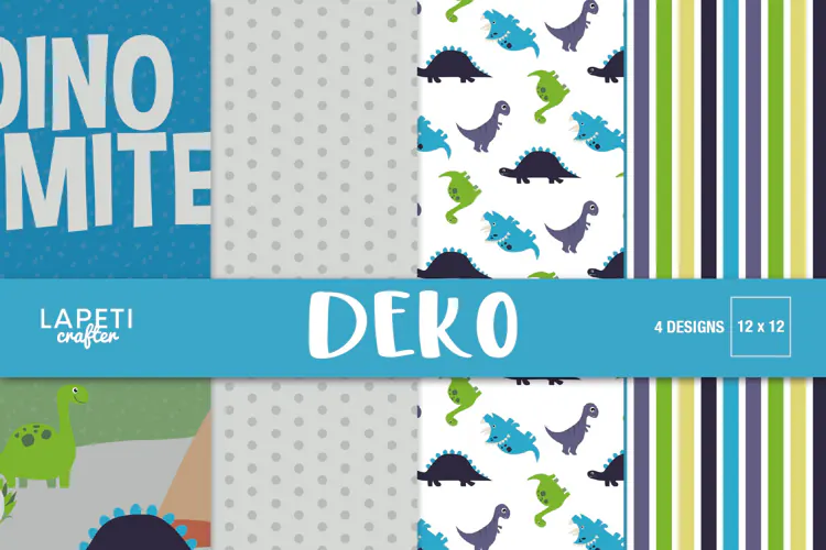 Dinosaur Digital Paper with Colorful Dino and Striped Patter