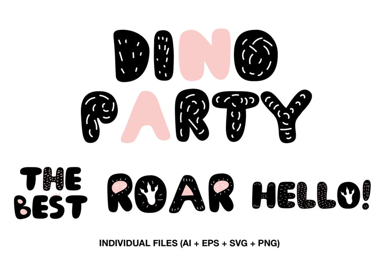Four dinosaur typography illustrations for children’s birthday party decorations