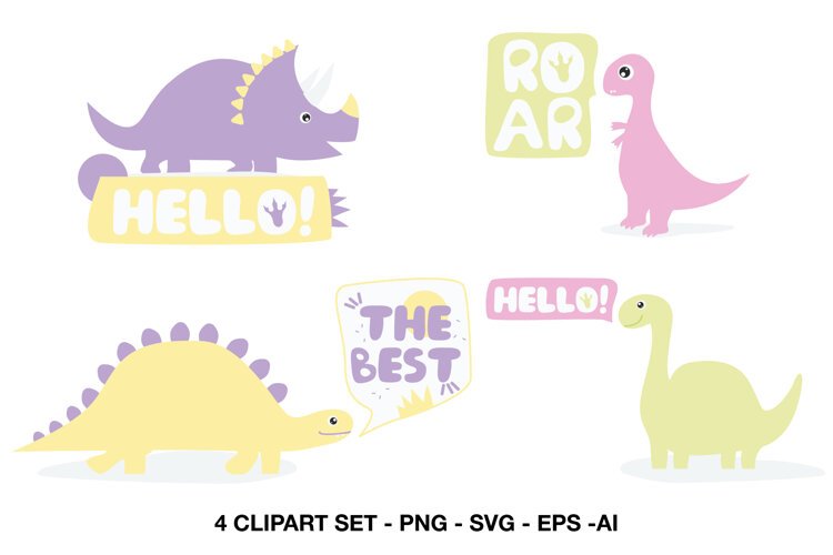 Pastel dinosaur quote clipart with four dinosaur characters and playful speech bubbles