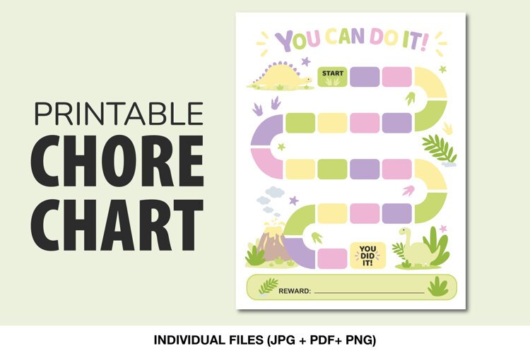 Printable dinosaur reward and chore chart for kids with colorful progress path and reward section