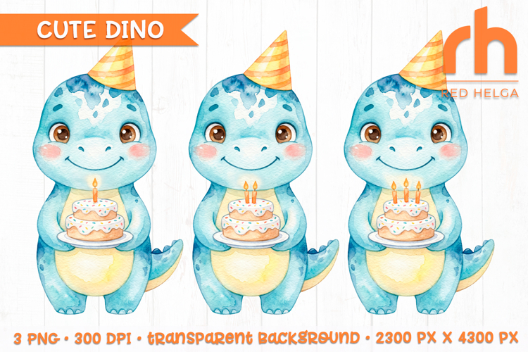 Dinosaur with Cake Watercolor Clipart PNG, Nursery Art