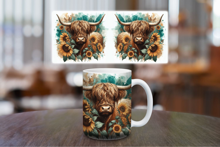 Mug Wrap Sublimation - highland cow sunflowers