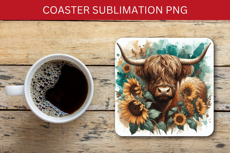 square coaster - highland cow sunflowers example image 1