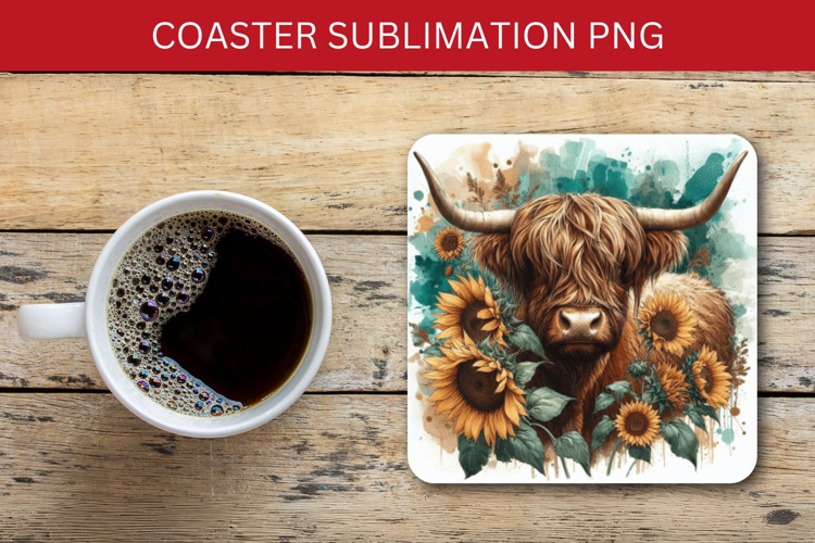 square coaster - highland cow sunflowers
