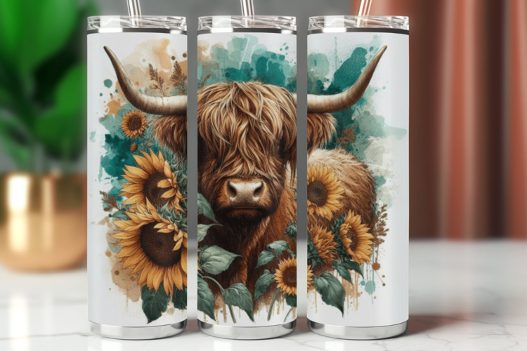 Tumbler Wrap 20 oz - highland cow sunflowers