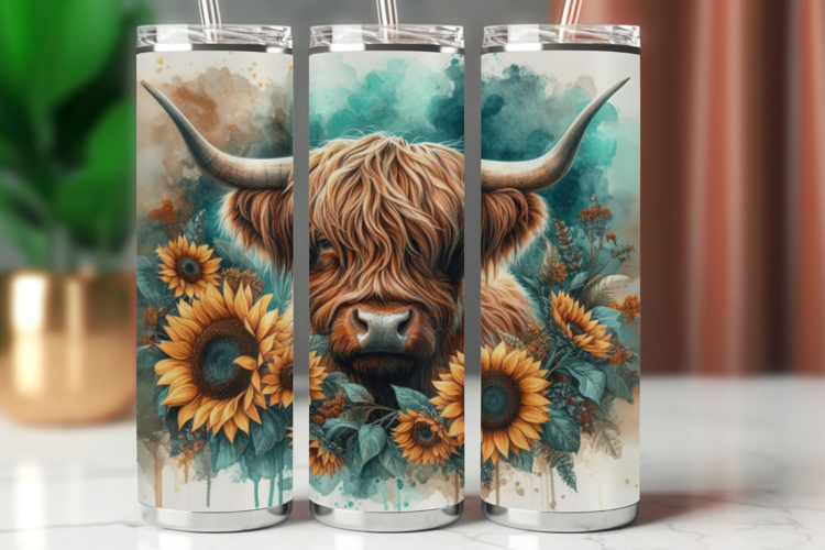 Tumbler Wrap 20 oz - highland cow sunflowers