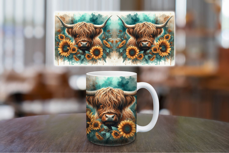 Mug Wrap Sublimation - highland cow sunflowers