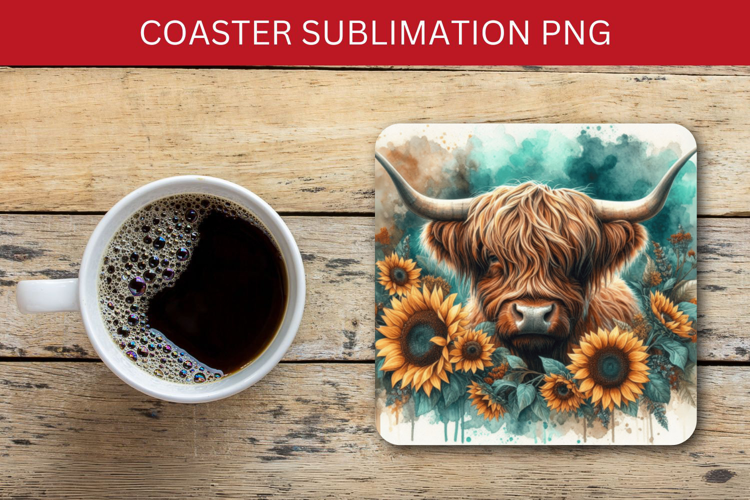 square coaster - highland cow sunflowers