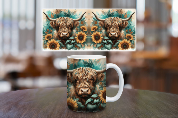 Mug Wrap Sublimation - highland cow sunflowers
