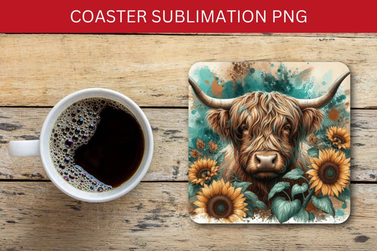 square coaster - highland cow sunflowers