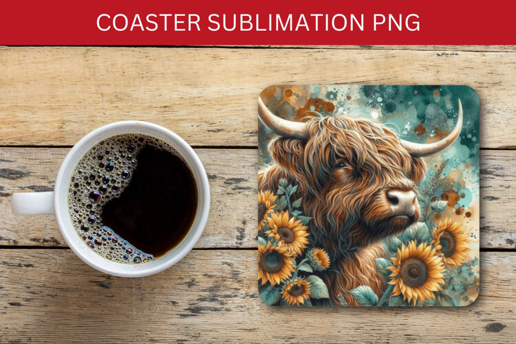 square coaster - highland cow sunflowers example image 1