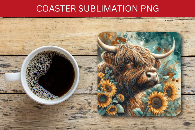 square coaster - highland cow sunflowers