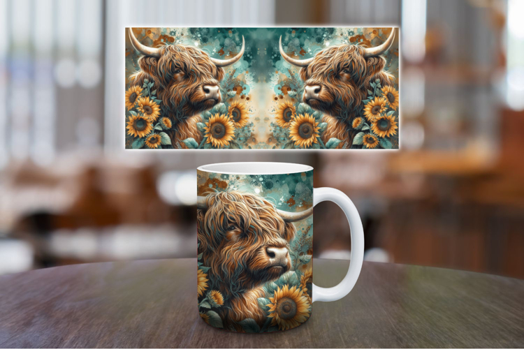 Mug Wrap Sublimation - highland cow sunflowers
