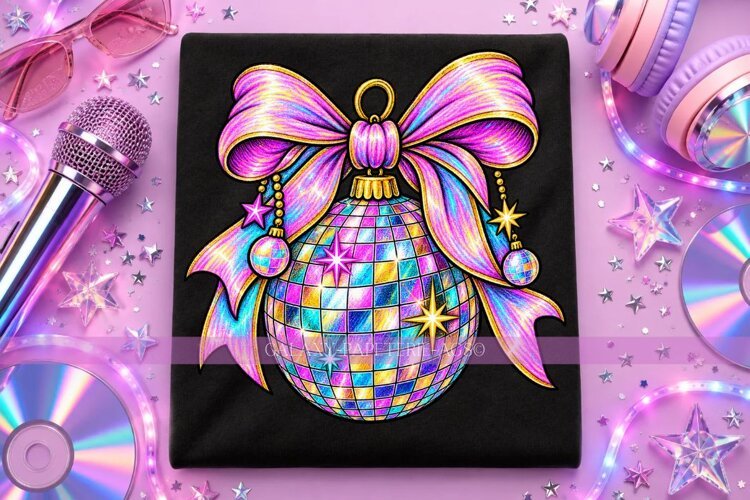 Disco Ball Christmas Ornament PNG with Iridescent Bow example image 1
