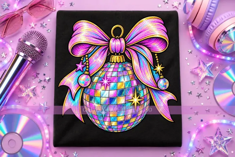 Disco Ball Christmas Ornament PNG with Iridescent Bow