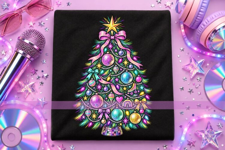 Disco Christmas Tree PNG with Colorful Ornaments and Bows example image 1