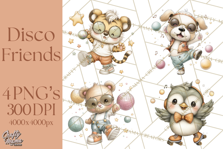 Disco Party Animals Clipart Retro Funky PNG