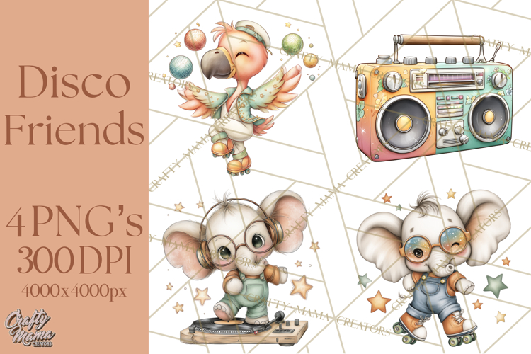 Disco Party Animals Clipart Retro Funky PNG