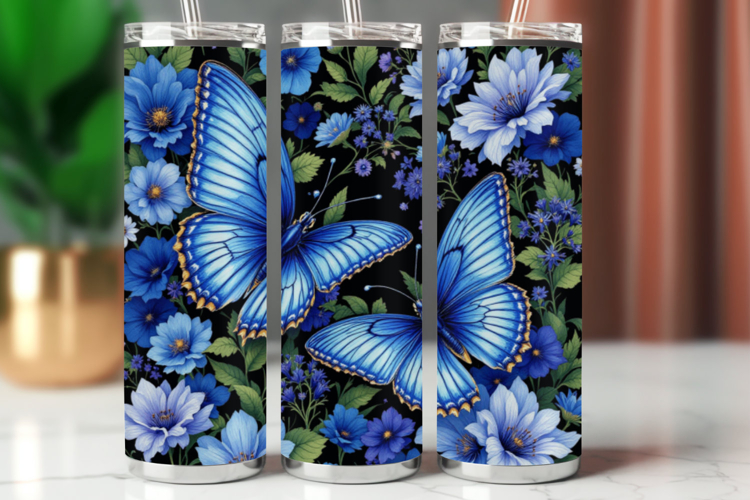 Tumbler Wrap 20 oz - blue floral butterfly