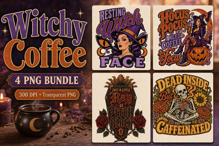Witchy Coffee Halloween Shirt PNG example image 1