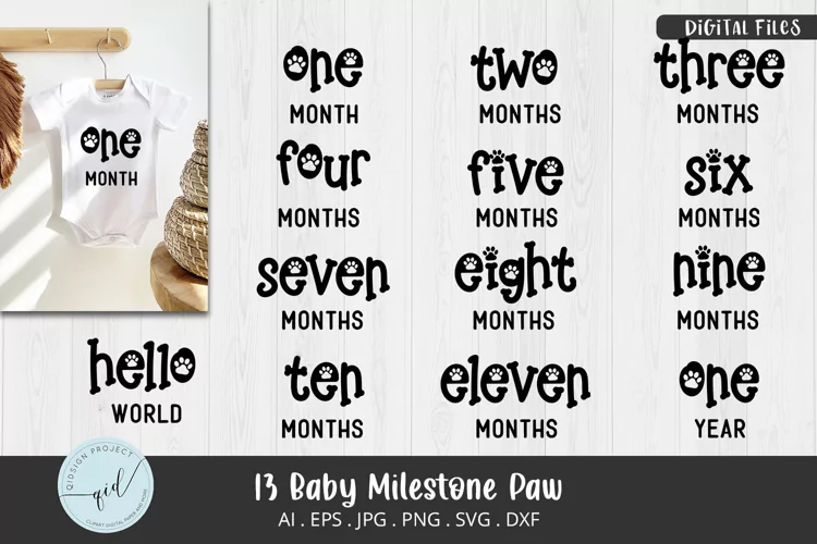 13 set Baby Milestone Paw SVG