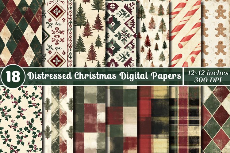 Distressed Christmas Digital Paper | Vintage Plaid & Rustic example image 1