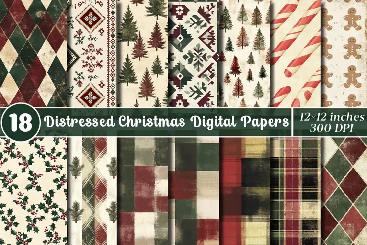 Distressed Christmas Digital Paper | Vintage Plaid & Rustic