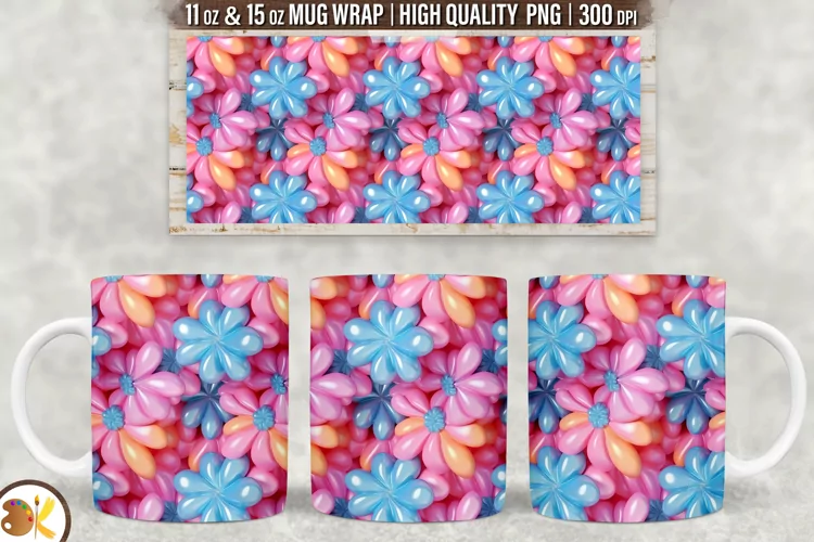 3D Puff Flowers Mug Wrap Sublimation, 11 oz Mug Wrap Png