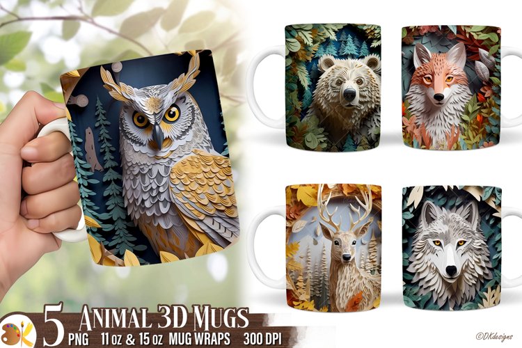 3D Mug Sublimation Wrap Bundle, 11 oz Animals Mug