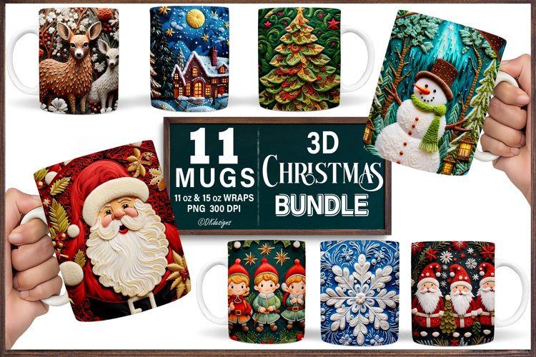 3D Christmas Mug Wrap Sublimation Bundle, 11 oz Winter Mug example image 1