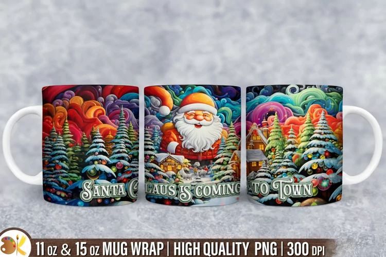 3D Christmas Santa Mug Sublimation, 11 oz Winter Mug Wrap