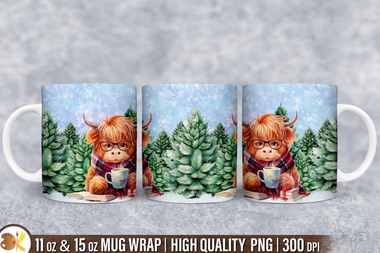 Christmas Highland Cow Mug Sublimation,11 oz Winter Mug Wrap example image 1