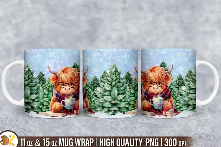 Christmas Highland Cow Mug Sublimation,11 oz Winter Mug Wrap