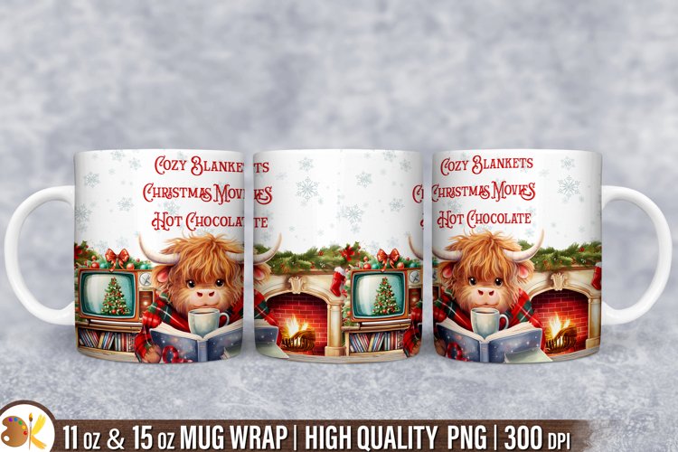 Highland Cow Christmas Mug Sublimation,11 oz Winter Mug Wrap example image 1