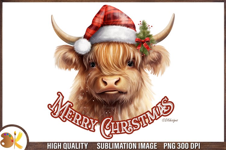 Christmas Highland Cow Sublimation Png,Watercolor Animal Png