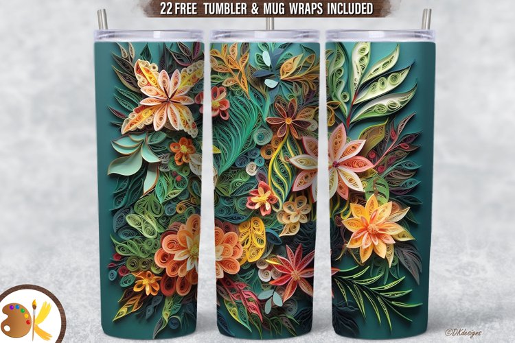 Flowers Tumbler 3D Wrap, 20 oz Quilling Tumbler Sublimation