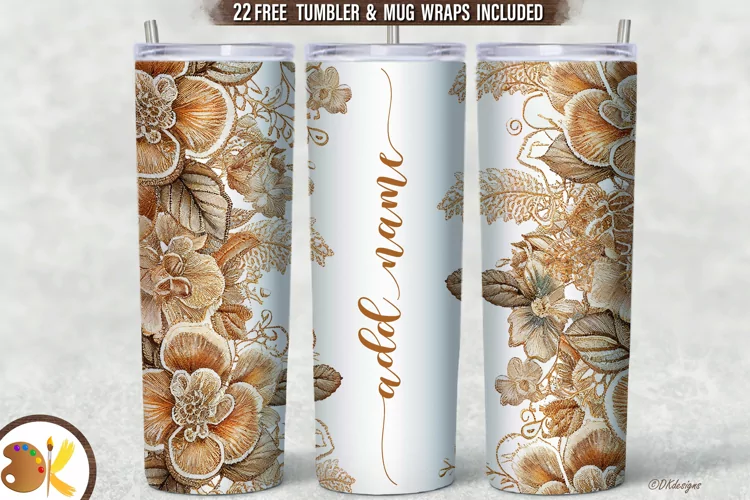 Flowers Embroidery Tumbler Wrap, 20oz Tumbler Add Name Text