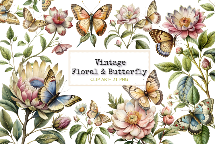 Vintage botanical pastel flowers with butterfly clip art