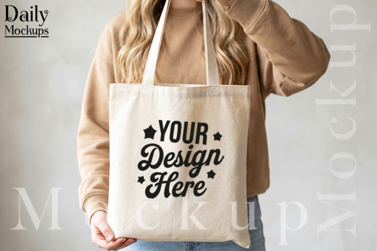 Canvas Tote Bag Mockup Held by Woman, Beige Sweatshirt Tote