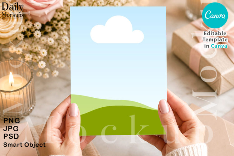 Hands Holding 5x7 Card Mockup, editable Canva template example image 1