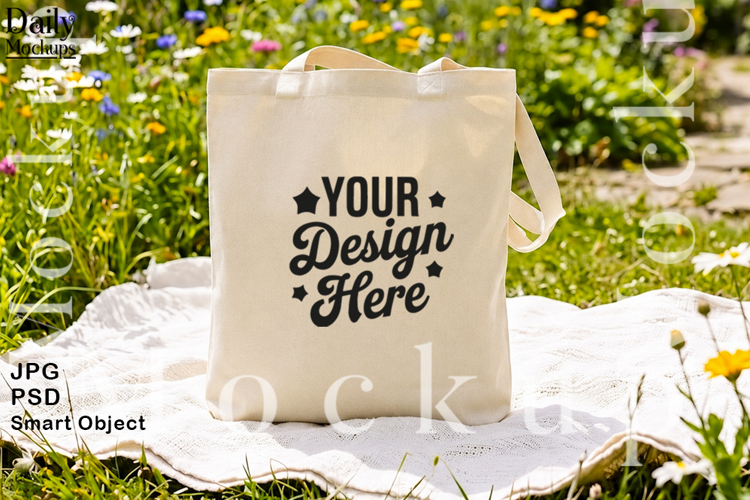 Canvas Tote Bag Mockup in Flower Garden JPG PSD Smart Object