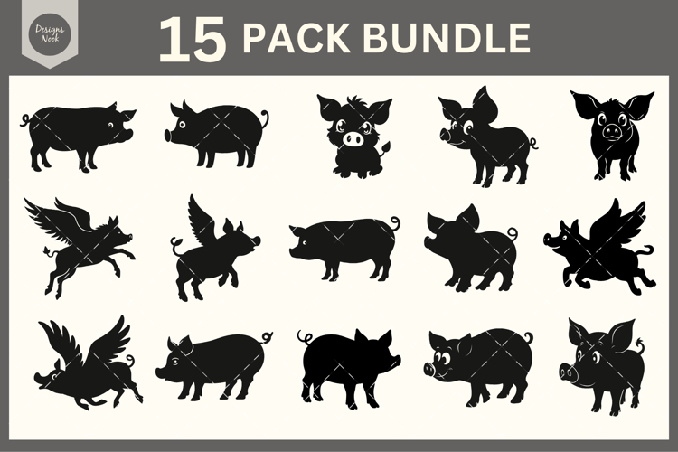 Pig SVG Bundle, Kawaii Piglet Silhouette, Farm Animals