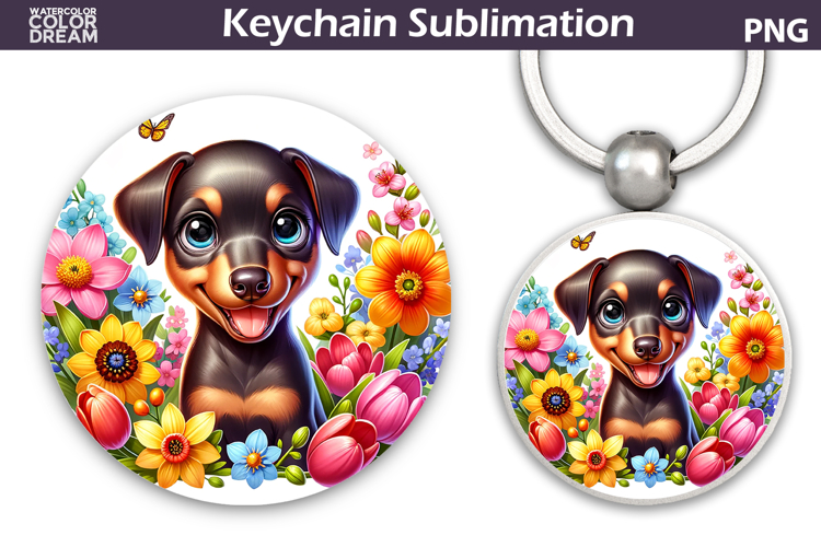 Doberman Round Keychain | Dog Floral Key Keychain
