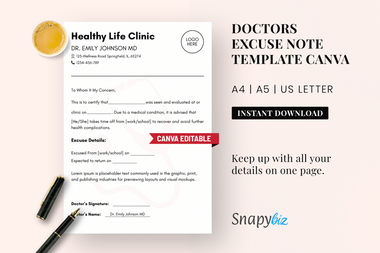 Printable Doctor Excuse Note Canva Editable Template example image 1