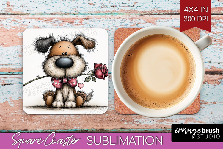 Dog Valentine Square Coaster Whimsical Animal Coaster PNG
