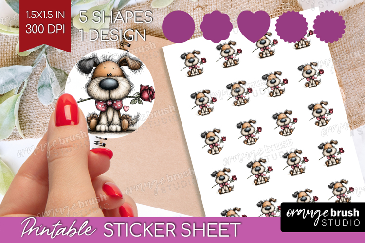 Dog Valentine Round Sticker Whimsical Animal Printable