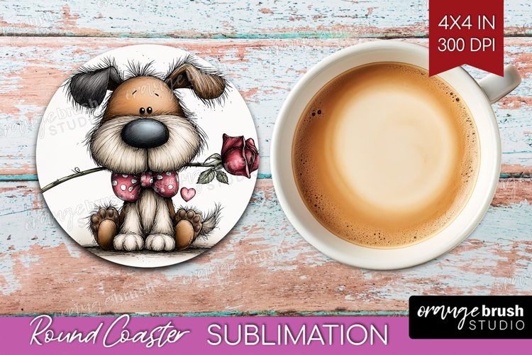 Dog Valentine Round Coaster Whimsical Animal Coaster PNG